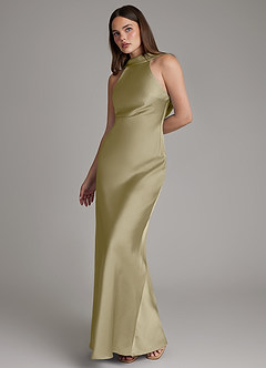 Azazie Dimitra Bridesmaid Dresses Moss Green A-Line Pleated Stretch Satin Dress image6