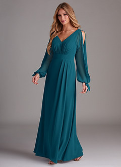 Azazie Matilda Final Sale Ink Blue A-Line Long Sleeve Chiffon Dress image1
