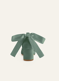 front Matching Color Matte Satin Pearl and Bow Pointed Toe Block Heels