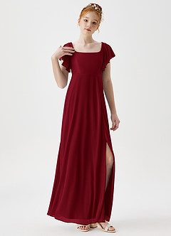 Azazie Bondi Junior Burgundy A-Line Side Slit Mesh Dress image5