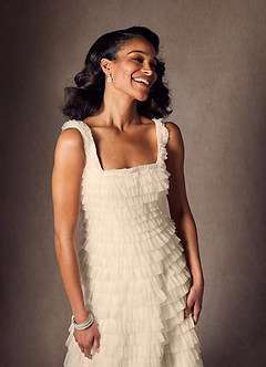 Azazie Zariah Wedding Dresses Champagne A-Line Ruched Tulle Dress image5