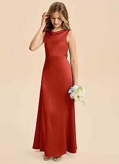 Azazie Kiki Junior Rust A-Line Bow Stretch Satin Dress image4