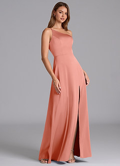 Azazie Trina Bridesmaid Dresses Coral A-Line One Shoulder Stretch Satin Dress image4