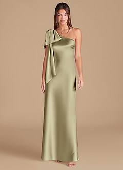 Azazie Capri Bridesmaid Dresses Moss Green Sheath One Shoulder Metallic Satin Dress image3