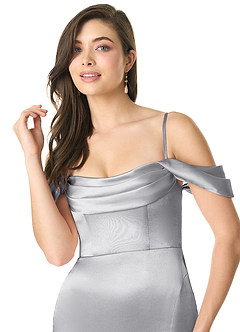 Azazie Liv Jurken voor bruidsmeisjes Converteerbaar Jurk van Metaalachtig Satijn met Kolom Off the Shoulder Zilver image6