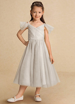 Azazie Lizzette Flower Girl Dresses Frost A-Line Ruched Tulle Dress image6