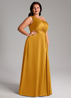 Azazie Brooke Vestidos de damas de honor Vestido de Caramelo de Satén Elástico de Corte en A con Hombro unilateral image10