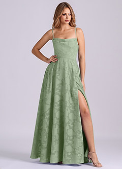 Azazie Elle 신부 들러리 드레스 A라인 주름진 플로럴 번아웃 바닥 길이 드레스 image1