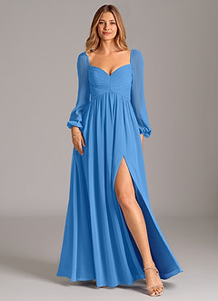 Azazie Bailee Vestidos de damas de honor Vestido de Azul Grisaceo de Gasa de Corte en A con Manga larga image1