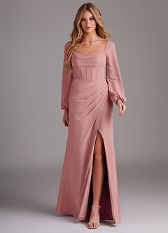Azazie Charissa Brautjungfernkleider Etui Langarm Chiffon Kleid Altrosa image3