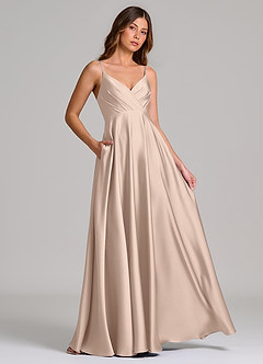 Azazie Amani At-home Try On Dresses Dusty Blue A-Line Pleated Stretch Satin Dress image4
