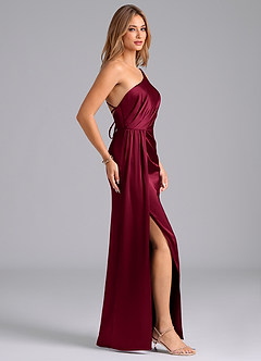 Azazie Naria Jurken voor bruidsmeisjes Jurk van Stretch Satijn met Kolom One-Shoulder Bourgondië image4