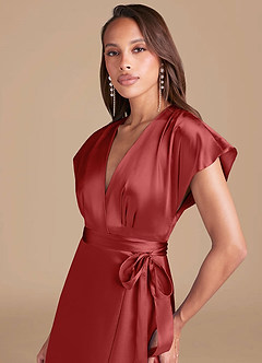 Azazie Nico Bridesmaid Dresses Rust A-Line Pleated Metallic Satin Dress image2