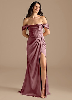 Azazie Lynden Bridesmaid Dresses Vintage Mauve Sheath Off the Shoulder Metallic Satin Convertible Dress image1