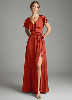 Azazie Lainey Bridesmaid Dresses Rust A-Line with Pockets Stretch Satin Dress image3