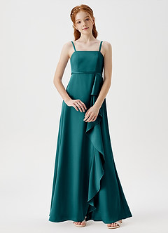 Azazie Kaylee Junior Robe Trapèze en Satin extensible avec ceinture Paon image1