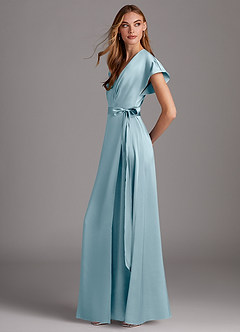 Azazie Nico Brautjungfernkleider A-Linie V-Hals Stretch-Satin Kleid Stimmungsvolles Blau image2