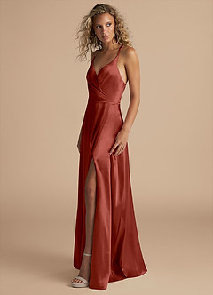 Azazie Davis Bridesmaid Dresses Terracotta A-Line Pleated Metallic Satin Dress image6