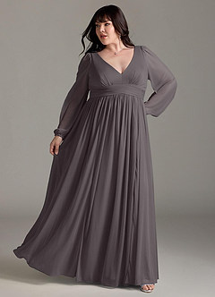Azazie Norah Bridesmaid Dresses Steel Grey A-Line V-Neck Long Sleeve Chiffon Dress image8