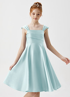 Azazie Amira Junior Sea Glass A-Line Pleated Stretch Satin Dress image3