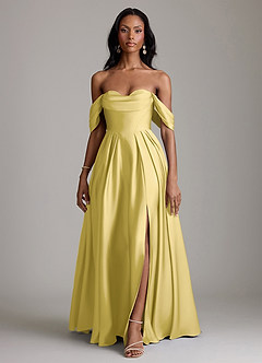 Azazie Loisa Abiti da Damigella Abito A-Line in Raso Elasticizzato a Spalla Scoperta Canarino image13