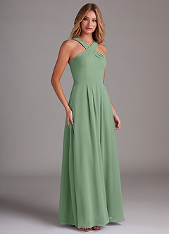 Azazie Dixie Vestidos de damas de honor Vestido de Matcha de Gasa de Corte en A con Halter Plisado image4