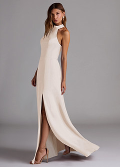 Azazie Myra Bridesmaid Dresses White Alabaster A-Line Side Slit Stretch Satin Dress image5
