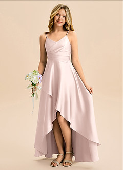 Azazie Eirlys Junior Blushing Pink A-Line Pleated Stretch Satin Dress image1