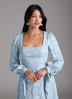 Azazie Leonia Bridesmaid Dresses Sky Blue A-Line Long Sleeve Floral Burnout Dress image6