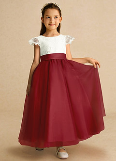 Azazie Pookie Flower Girl Dresses Pomegranate A-Line Lace Tulle Dress image4
