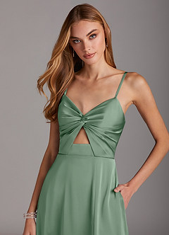 Azazie Jenna Bridesmaid Dresses Matcha A-Line Pleated Stretch Satin Dress image5