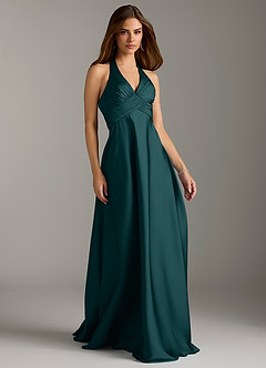 Azazie Tessie Bridesmaid Dresses Pine A-Line Pleated Stretch Satin Dress image1