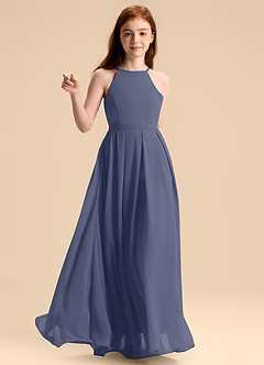 Azazie Arianthe Junior Abito A-Line in Chiffon Plissettato Stormy image6