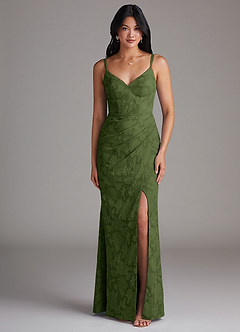 Azazie Leo Bridesmaid Dresses Olive Sheath Pleated Floral Burnout Dress image1