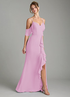 Azazie Alexys Bridesmaid Dresses Candy Pink Sheath Off the Shoulder Chiffon Dress image6