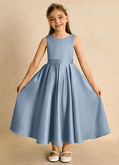 Azazie Junebuj Flower Girl Dresses Dusty Blue Ball-Gown Pleated Matte Satin Dress image4