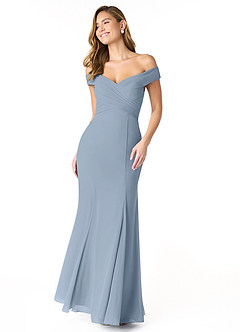Azazie Lecia Bridesmaid Dresses Dusty Blue Empire Off-The-Shoulder Pleated Chiffon Convertible Dress image1