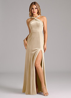 Azazie Rue Bridesmaid Dresses Champagne A-Line Pleated Velvet Dress image1