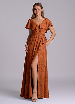 Azazie Lainey Bridesmaid Dresses Burnt Orange A-Line with Pockets Floral Burnout Dress image1