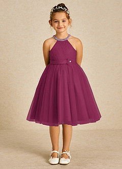 Azazie Honey Flower Girl Dresses Mulberry A-Line Beaded Matte Satin Dress image1