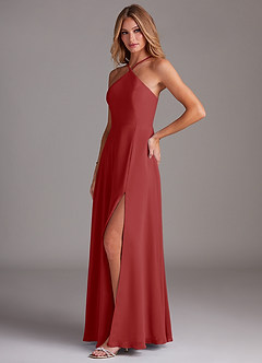 Azazie Bailey Bridesmaid Dresses Rust A-Line Halter Side Slit Chiffon Dress image3
