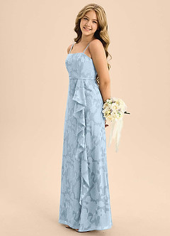 Azazie Kaylee Junior Sky Blue A-Line with Belt Floral Burnout Dress image3