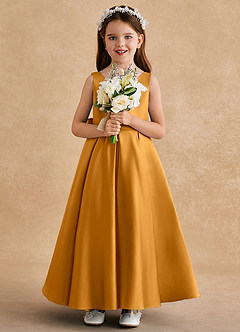Azazie Honey Bear Flower Girl Dresses Butterscotch A-Line Pleated Matte Satin Dress image3