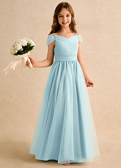 Azazie Yuna Girls Formal Abiti da Ragazza di Fiori Abito A-Line in Tulle Spalle Scoperte Sea Glass image1