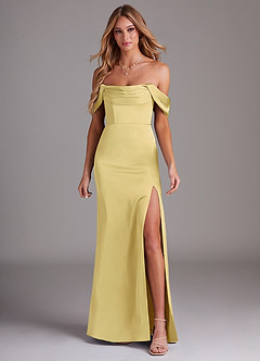 Azazie Saige Bridesmaid Dresses Lemon Sorbet Sheath Off the Shoulder Stretch Satin Dress image3