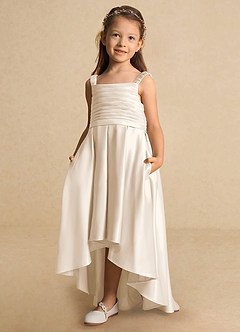 Azazie Kat Flower Girl Dresses White Alabaster A-Line Pleated Matte Satin Dress image6