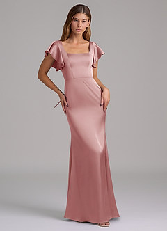 Azazie Elkie Probar vestidos en casa Vestido de Esmeralda de Satén Elástico de Corte Sirena con Escote Cuadrado image5