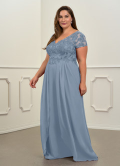Azazie Dunja Mother of the Bride Dresses Dusty Blue A-Line V-Neck Lace Chiffon Dress image10