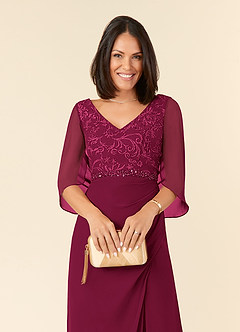 Azazie Laina At-home Try On Dresses Burgundy Mermaid Lace Chiffon Dress image5
