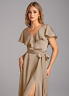 Azazie Lainey Robes de demoiselle d'honneur Robe Trapèze en Satin extensible avec poches Taupe image6